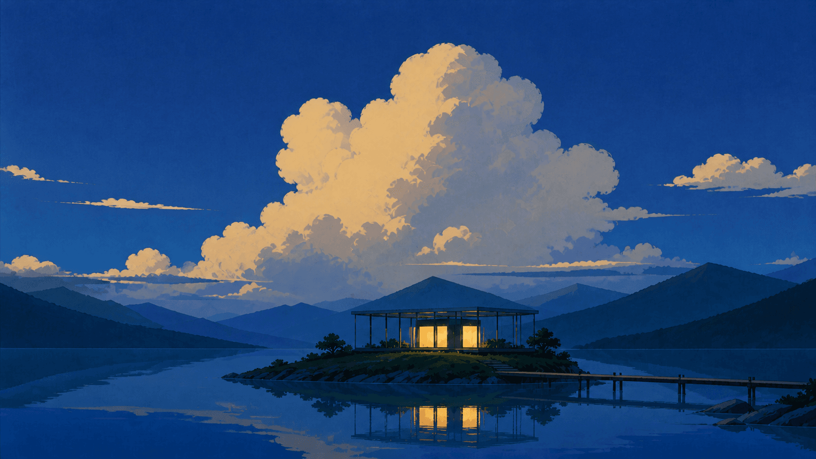 A quiet research pavilion beneath an open mountain sky