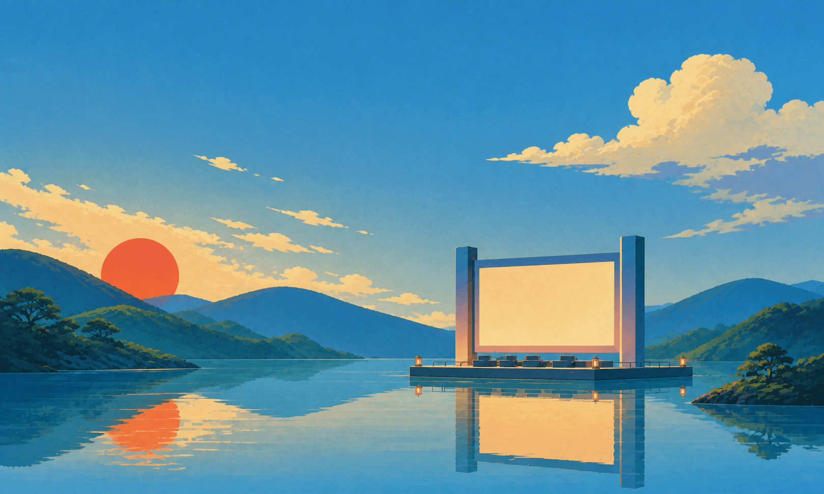 An open-air cinema floating on a mountain lake